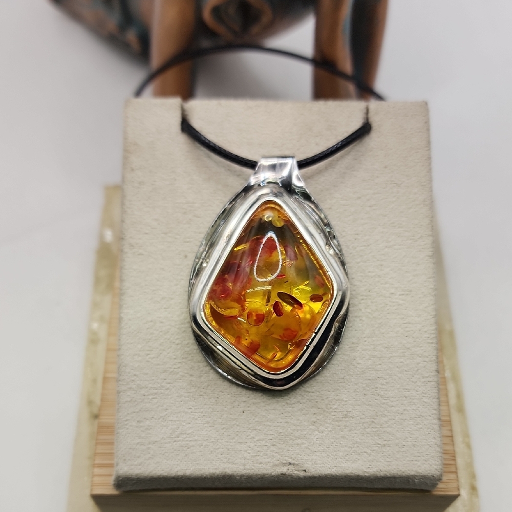 Amber and Silver Spoon Pendant Necklace